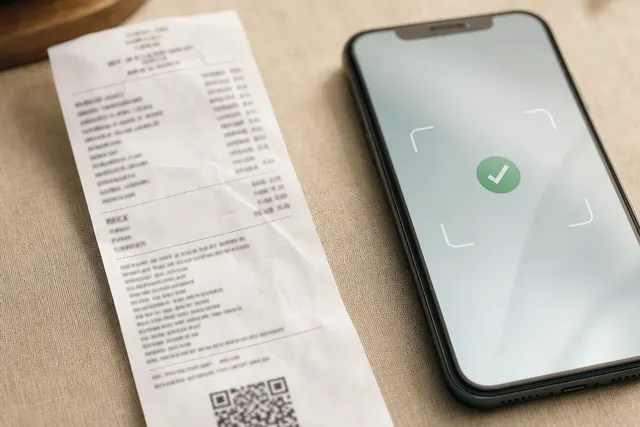 Кассовый чек рядом со смартфоном, на экране — подтверждение проверки по QR